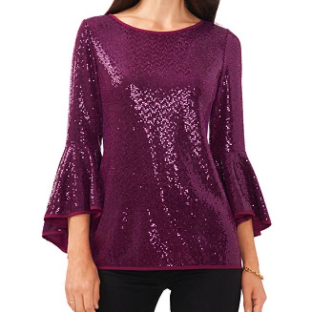Vince Camuto Purple Sequin Blouse with Ruffled Bell Sleeves NWT size Large